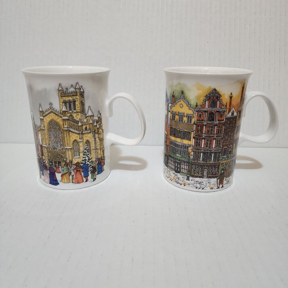 (2) Dunoon Bone China Mugs England Sue Scullard Christmas Time Carriage & Geese - Picture 2 of 7